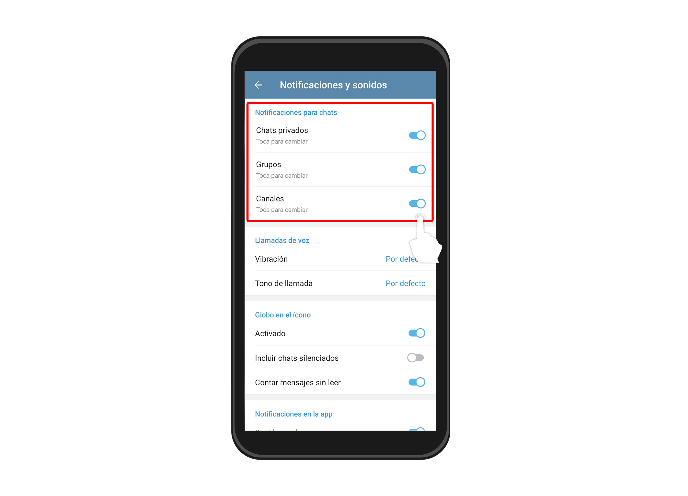 Podrás activar o desactivar las notificaciones que tengas en tus chats privados, grupos o canales de la aplicación simplemente pulsando el ícono de activación que se encuentra en la parte derecha de cada opción.